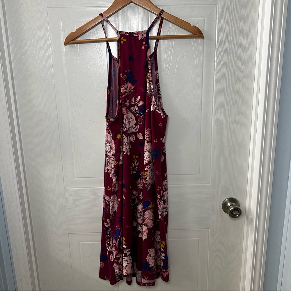 French Grey Burgundy Floral Mini Dress M Sleeveless Stretch - Picture 5 of 11